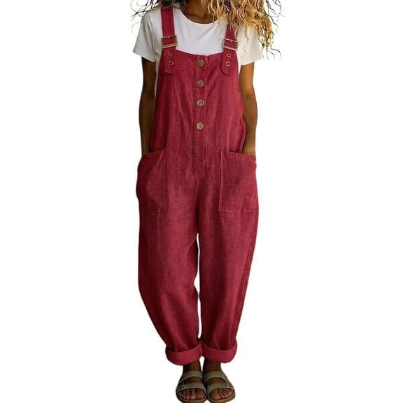 GILIGEGE Jumpsuits for Women Button-Front Overalls Romper with Pockets Relaxed Fit Bib Overall Stretchy Adjustable Shoulder Straps Fashion Clothes 2026 One Piece Loose Fit Rompers Red