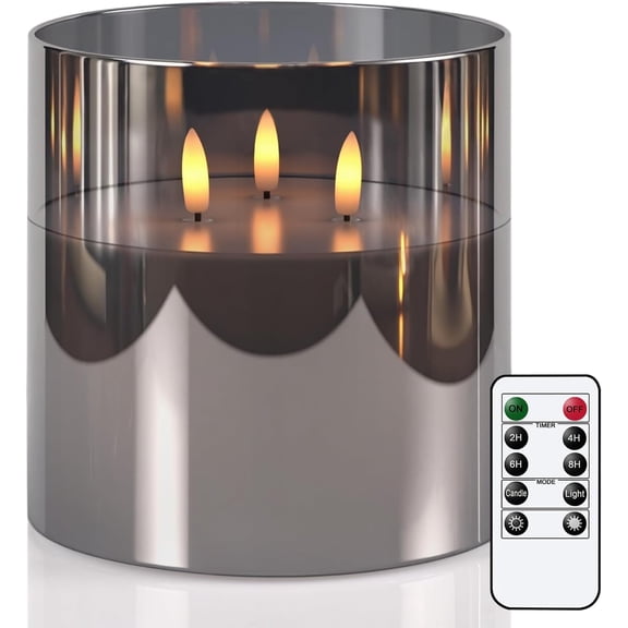 3 Wick Glass Flameless Candles with Remote Timer, Set of 1 Large LED Flickering Candle Battery Operated with 3D Flame, Large Pillar Candle for Halloween Christmas Home Decor(Black, D6xH6)
