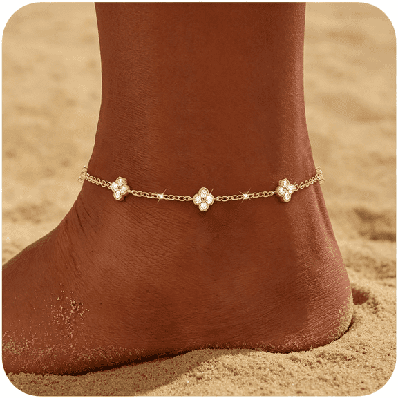 DESIGNICE Anklets for Women Waterproof 14K Gold Plated Cz Beach Ankle Bracelets Dainty Summer Butterfly Clover Heart Bow Anklet Non Tarnish Layered Beach Jewelry Accessories for Women Trendy