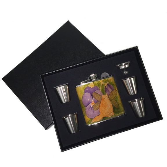 KuzmarK 6 oz. Leather Flask Set in Black Presentation Box -  Ginger Tabby Maine Coon Kitty Fairy with Purple Pansies Cat Art by Denise Every
