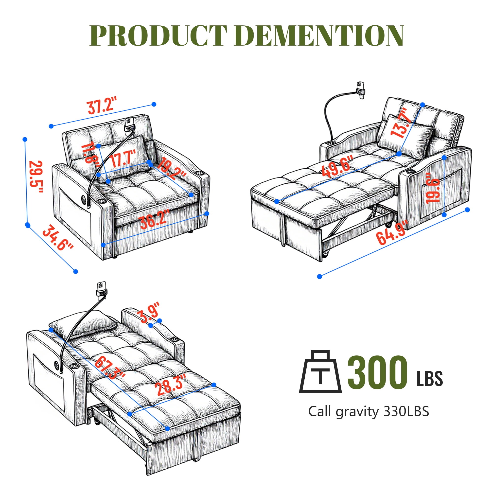Gewnee 37.2''Convertible Sofa Bed with USB and Phone Holder,2 Cup Holders and 3 Adjustable Backrest,Suitable for Living Room,Apartment and Office.Beige