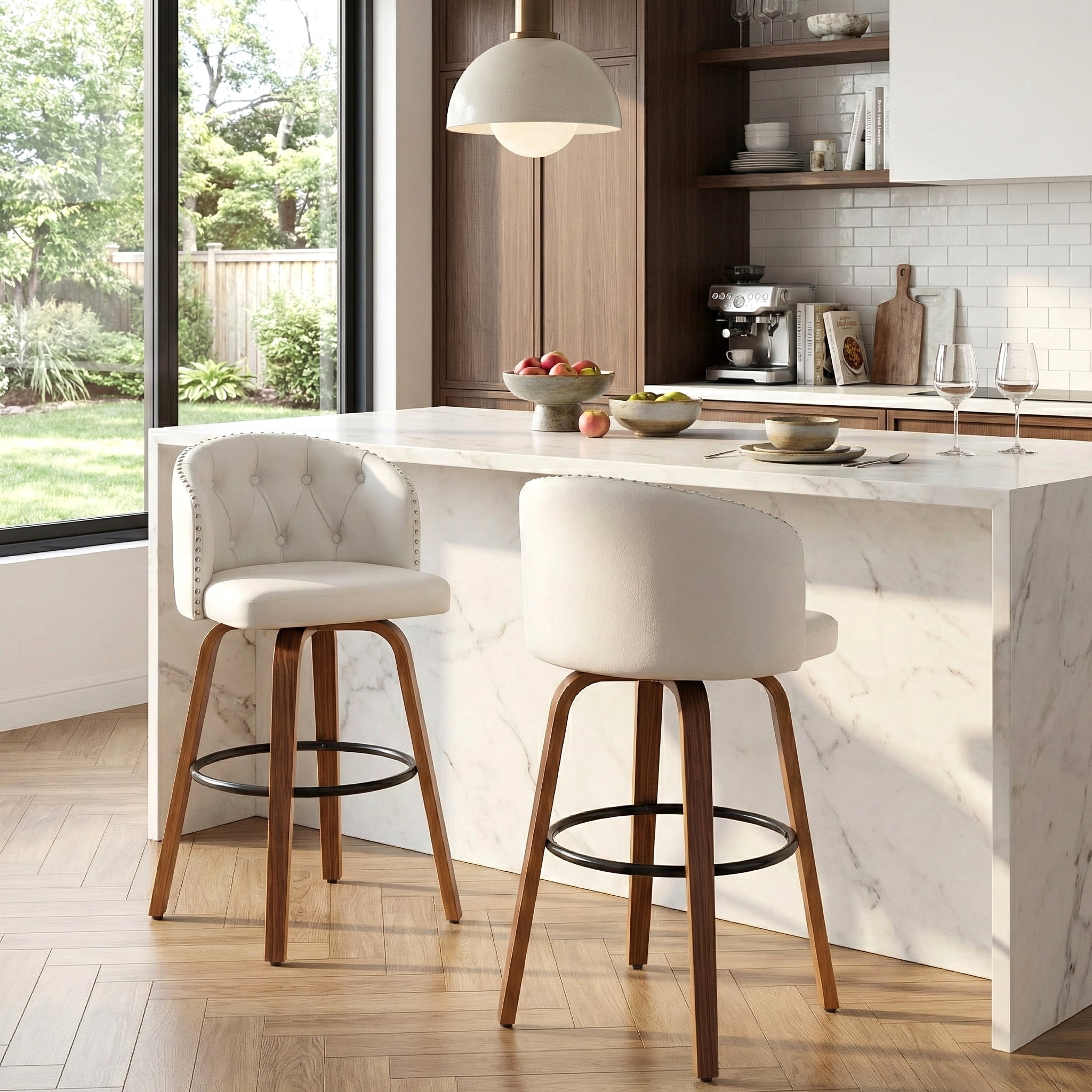 Fahomiss 28" Swivel Bar Stools with Back Set of 2, Leather Farmhouse Bar Height Stools, White