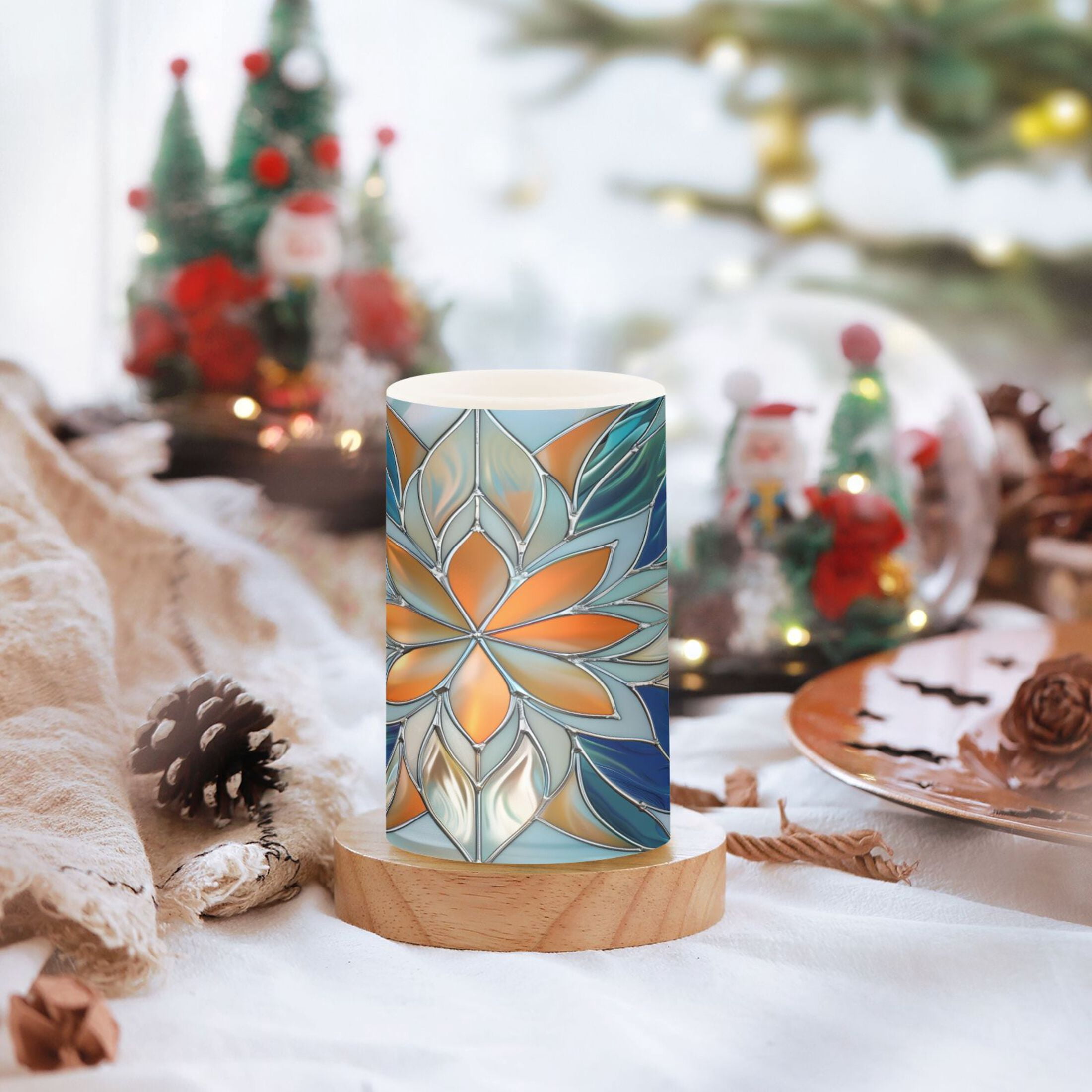 Flickering Flameless LED Candles set of 2 Battery Operated 18-Key Remotes Timer Halloween Fall Decor Orange Blue Floral Stained Glass D3''xH4''5''