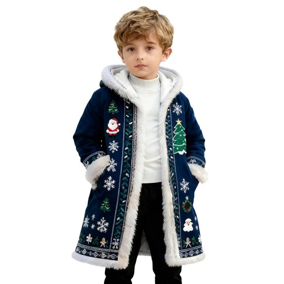 Mercatoo Kids Christmas Santa Jacket Boy's Long Cardigan Hoodies Girls Fau𝐱 Fu𝐫 Trim Warm Santa Clau𝐬 Xmas Hooded Coat With Pocket