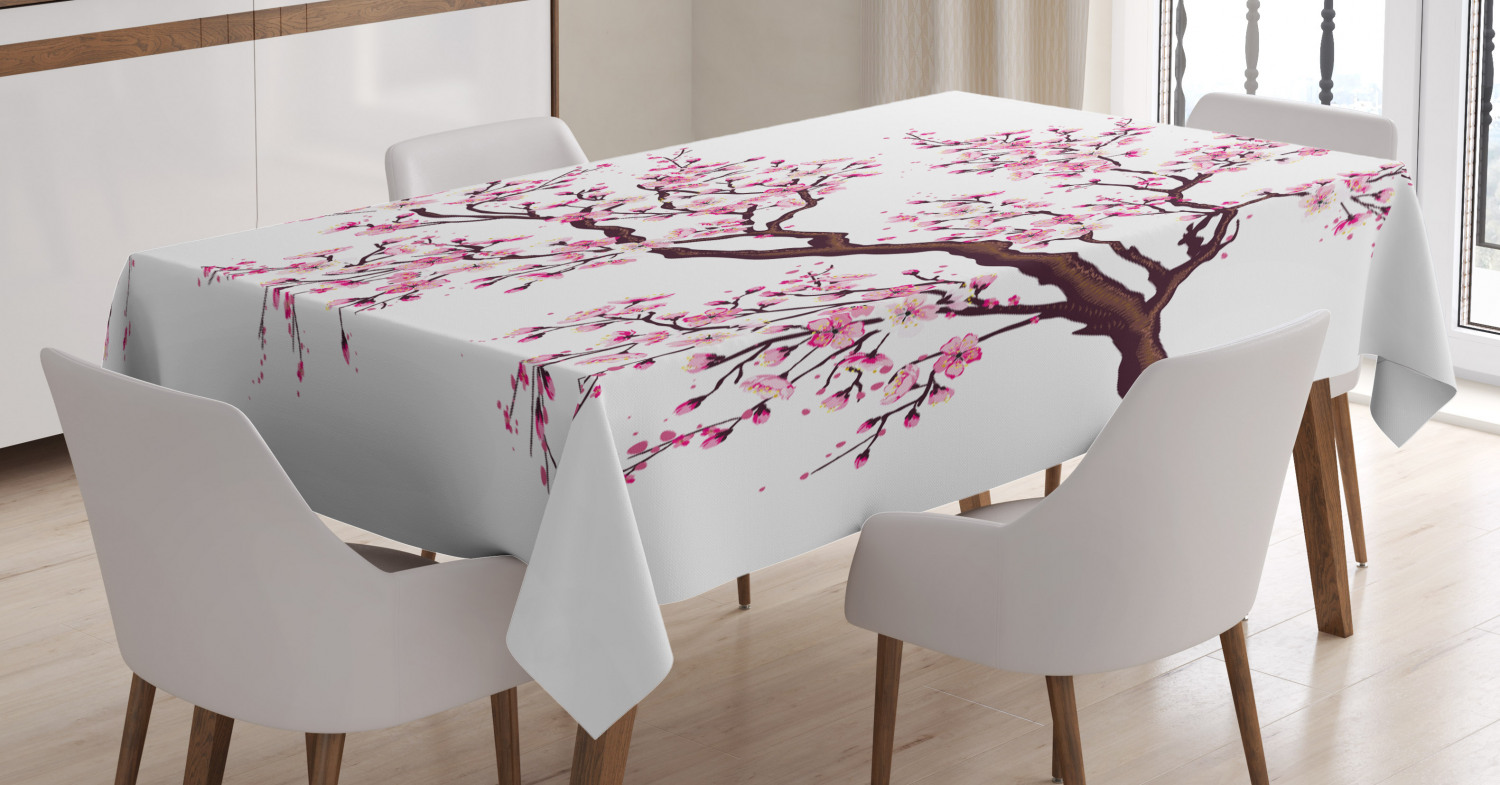 Japanese Tablecloth, Branch of a Flourishing Sakura Tree Flowers Cherry