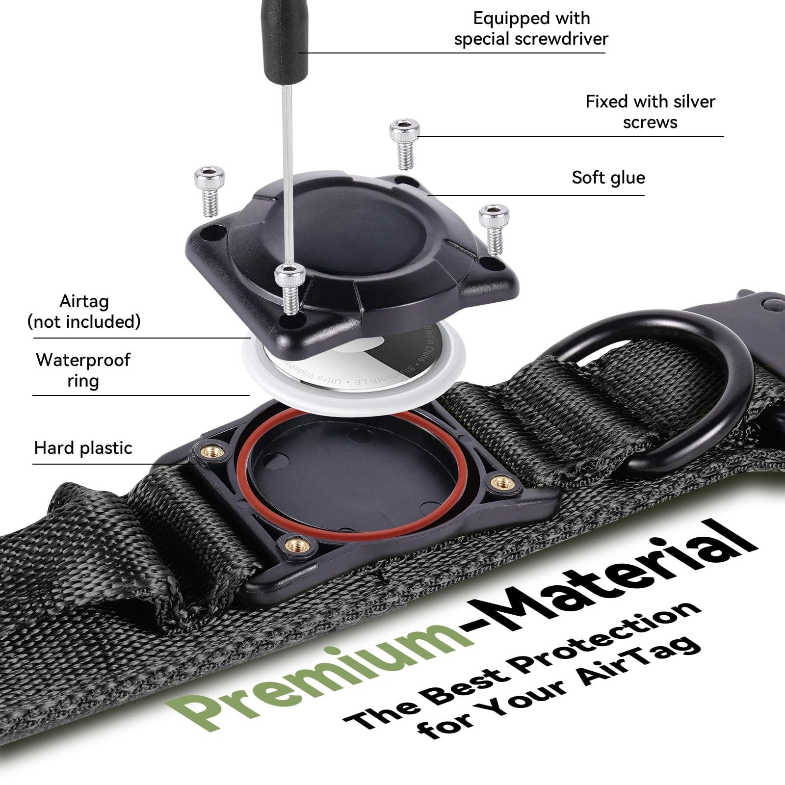 Waterproof AirTag Dog Collar, Military Tactical Collar with AirTag Holder, Comfortable Control Handle & Metal Buckle, GPS Dog Collar Holder for Medium to Large Dogs