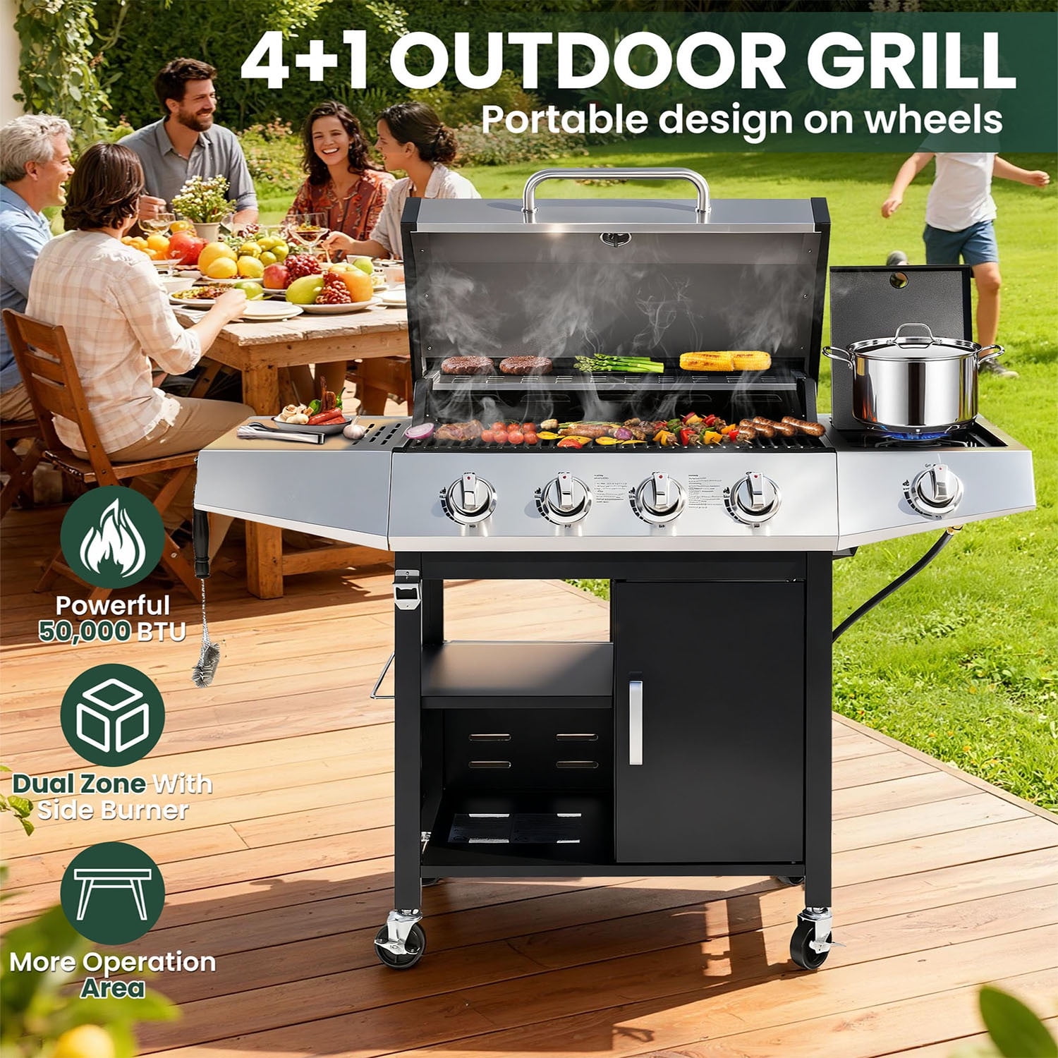 Seizeen 4-Burner Propane Gas Grill, 51,000BTU Outdoor BBQ Griddle