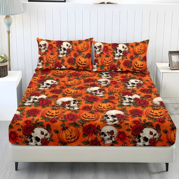 COEQINE Twin Size Sheet Set Cozy Fade Resistant 3 Pieces Bedding Sheet Set All Season Bottom Bedsheet with All Around Elastic for Halloween Home Decor, Skull Rose Pumpkin Orange