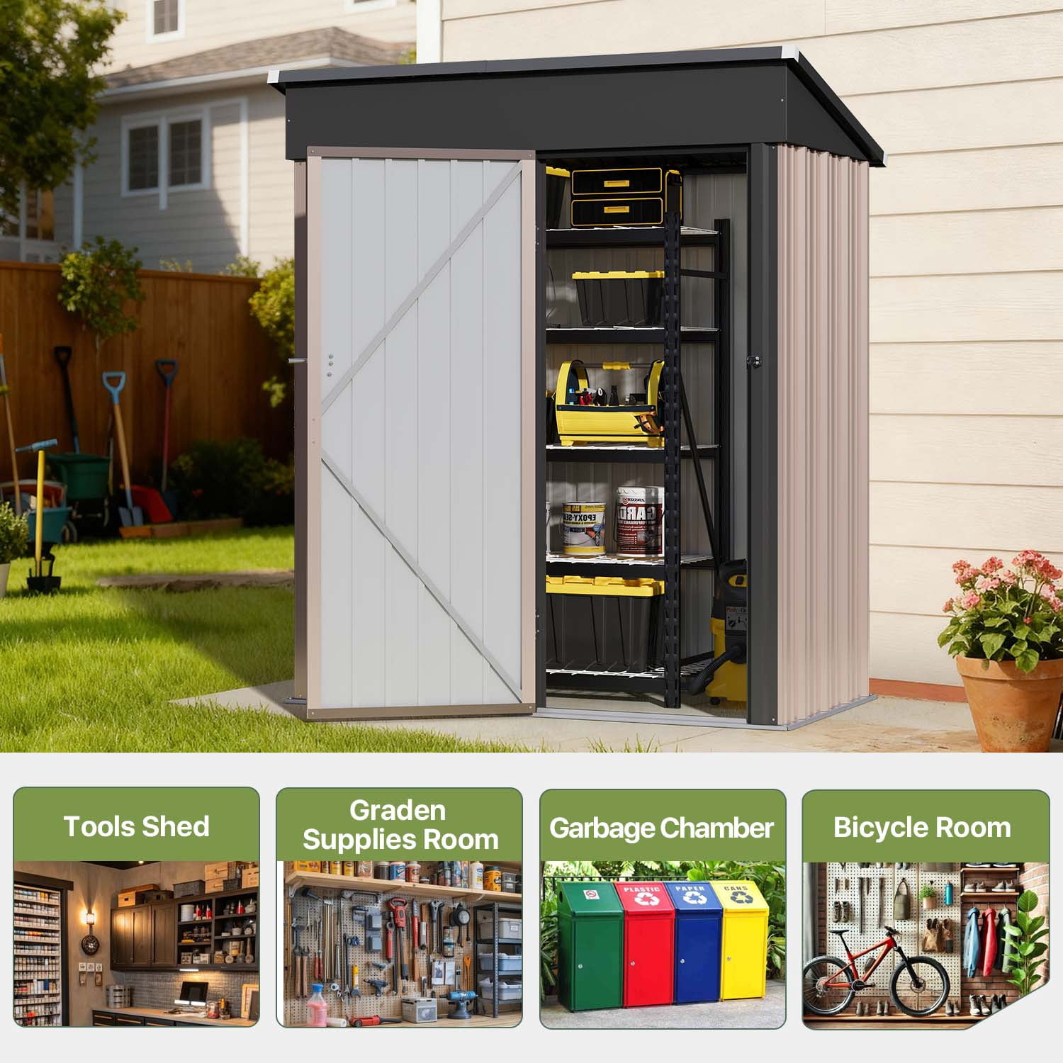 BaPiPro 5'x3' Outdoor Storage Shed, Heavy Duty Metal Shed Garden Tool Shed with Lockable Door for Backyard, Patio, Upgraded Structure Frame, Brown