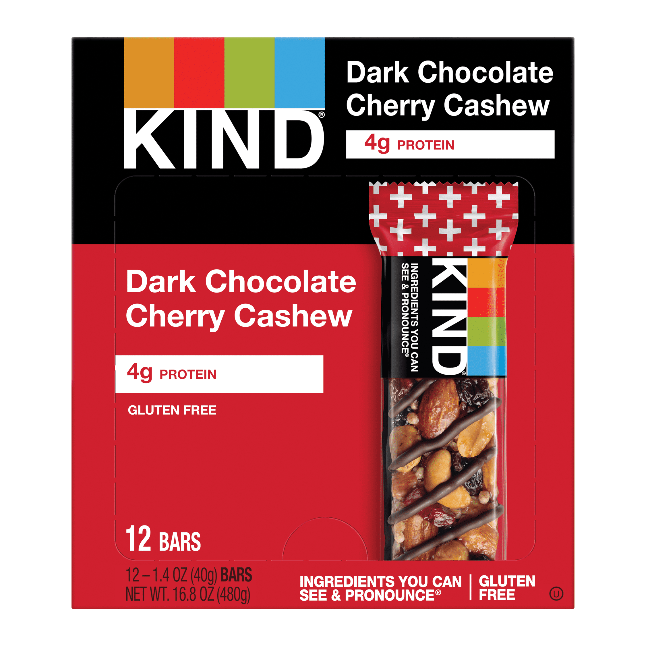 KIND Bars, Dark Chocolate Cherry Cashew, Gluten free, 1.4 oz, 12 Snack Bars