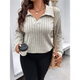 thumbnail image 4 of Suéter de Punto Informal de Talla Grande para Mujer, Cuello en V, Solapa, Color Liso, Camisa de Larga. Albaricoque 4XL, 4 of 8