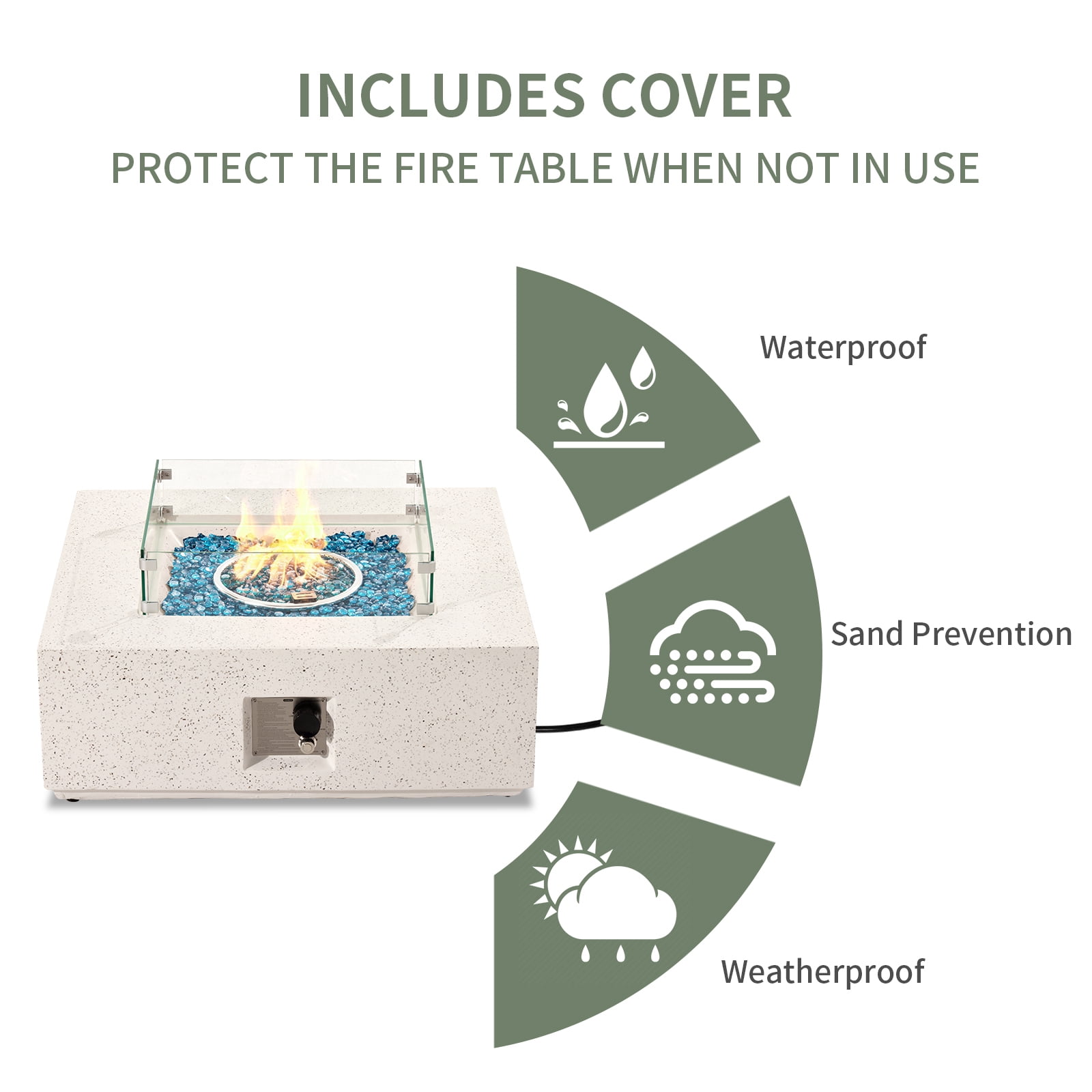 VENTOPYR Outdoor Propane Square Fire Pit Table, Terrazzo White Faux Stone 35-inch Planter Base, 50,000 BTU Stainless Steel Burner, Aqua Blue Fire Glass and Rain Cover, Metal Lid