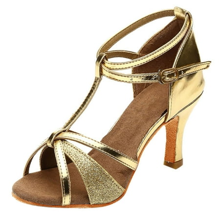 

iOPQO Women s casual shoes Girl Latin Dance Shoes Med-Heels Satin Shoes Party Tango Salsa Dance Shoes Dan face Latin dance shoes Gold 39