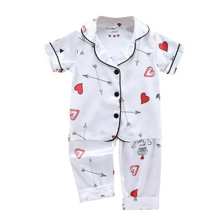 

MAXCOZY Short Sleeve Satin Silk Pajamas For Toddler Baby Kids Girls Boys Heart Arrow Print 2PCS Tops+Sleep Pants