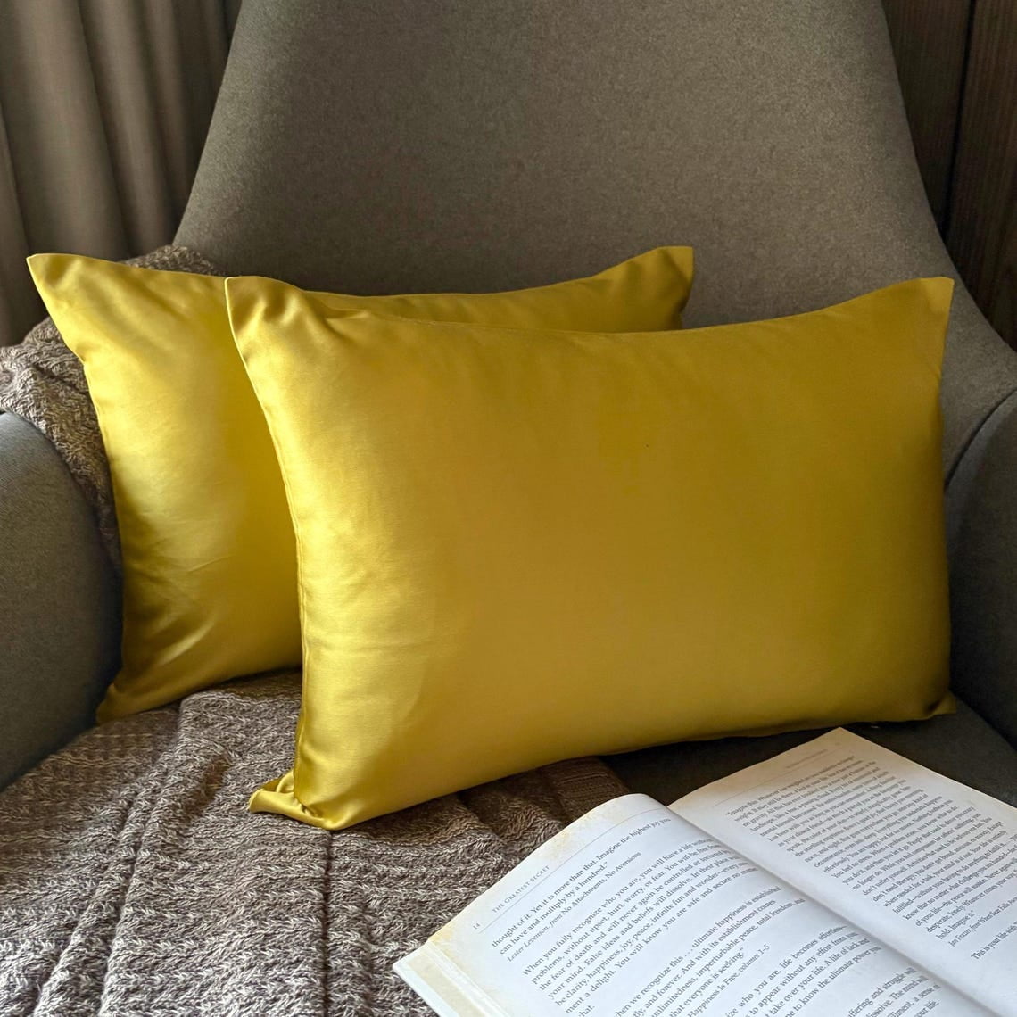 Dull Yellow Decorative Lumbar Pillow Cover 14"x24" | Pack of 2 Modern Satin Oblong Cushion Cover Solid | Plain Solid Pillowcases for Bed, Couch & Sofa, Modern Home Décor - Dull Yellow Slub Satin