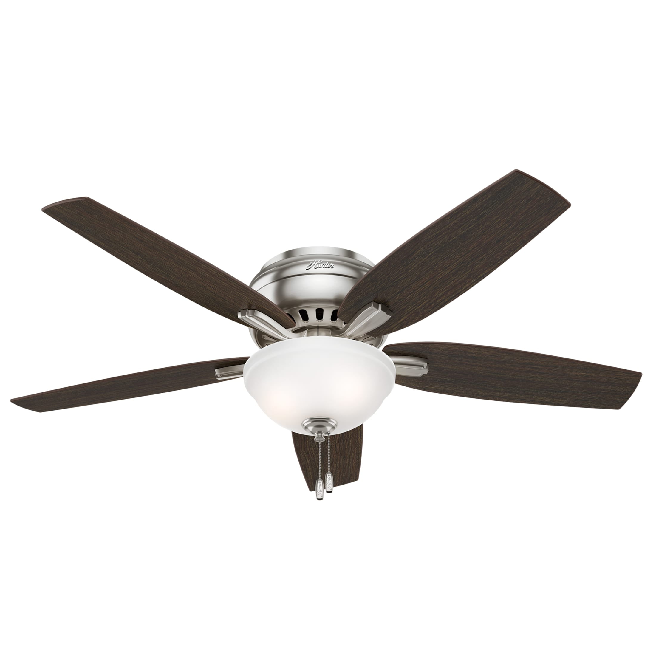 Hunter 52 inch Indoor Ceiling Fan with LED Light - Ceiling Fan with Pull Chain, For Bedroom or Living Room, Low Profile Mount, No Remote, 5 Blades, Includes Bulbs- Newsome 53315, Brushed Nickel