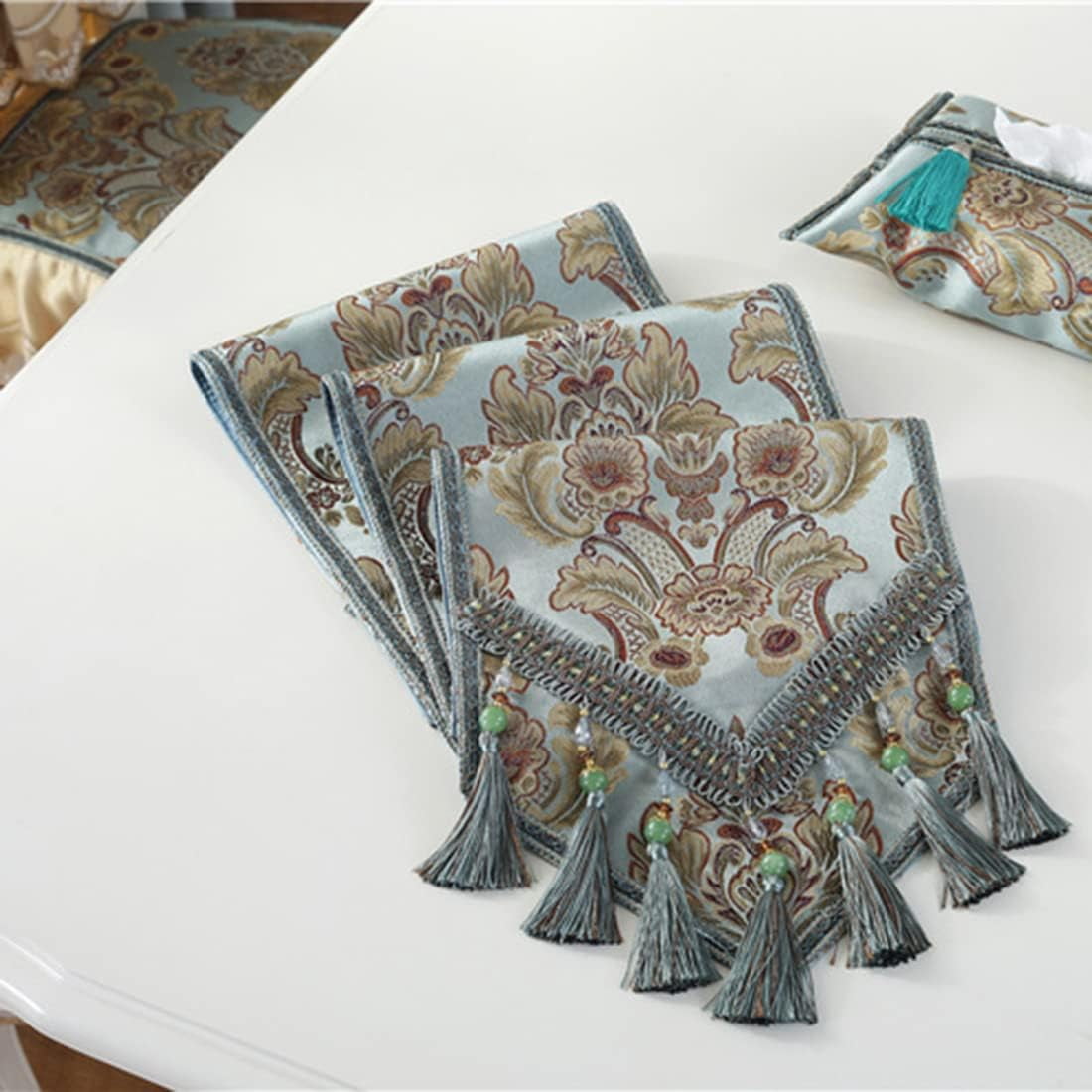 CHUNTIAN French Country Luxury Floral Pattern Table Runner with Beads Tassels Kitchen Decor Silk Blend Tea Table Table Runners (Beige,13" W x 89" L)