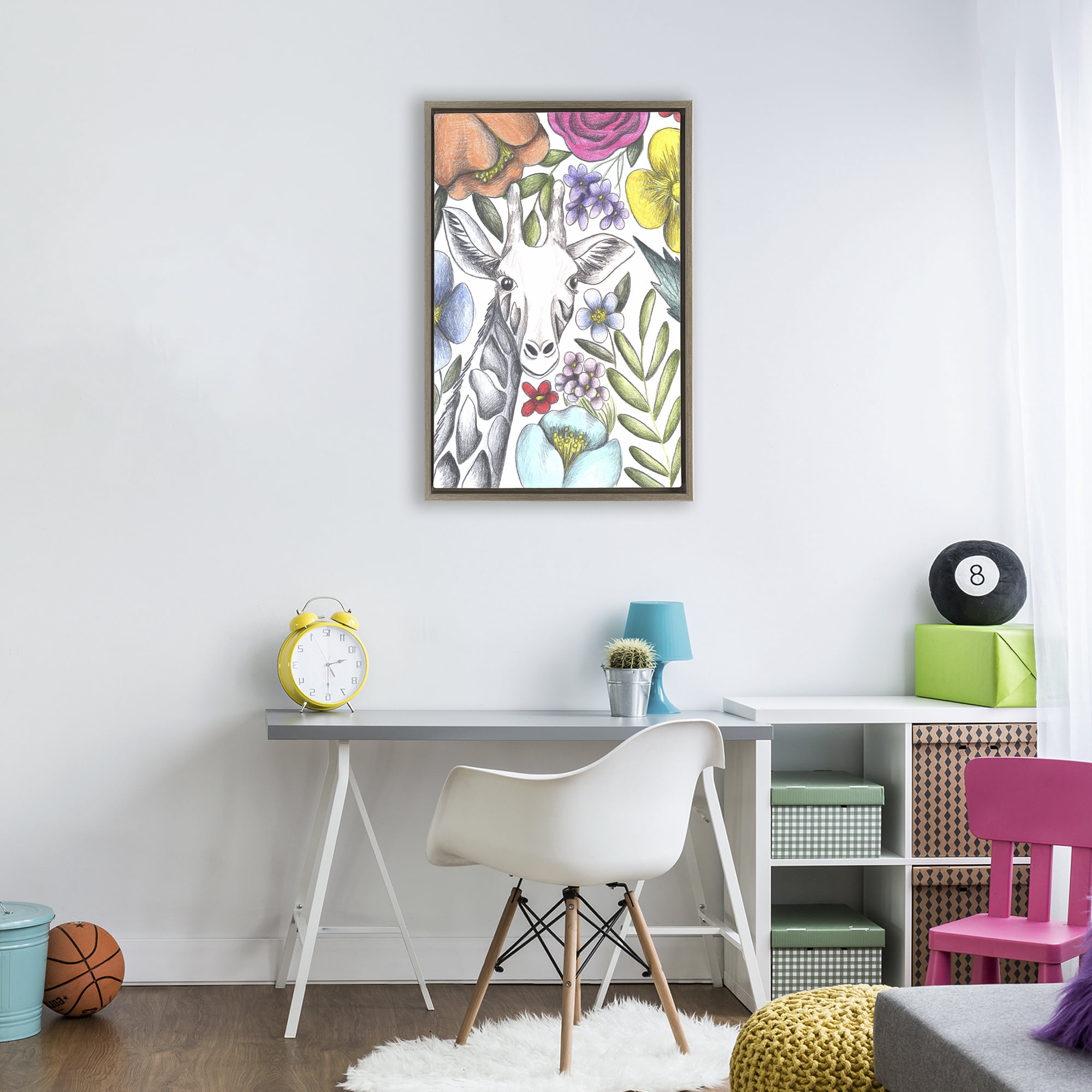 Giraffe In The Midst of Flowers Brown Framed Floater Canvas Wall Art, design by Cecilia Battaini
