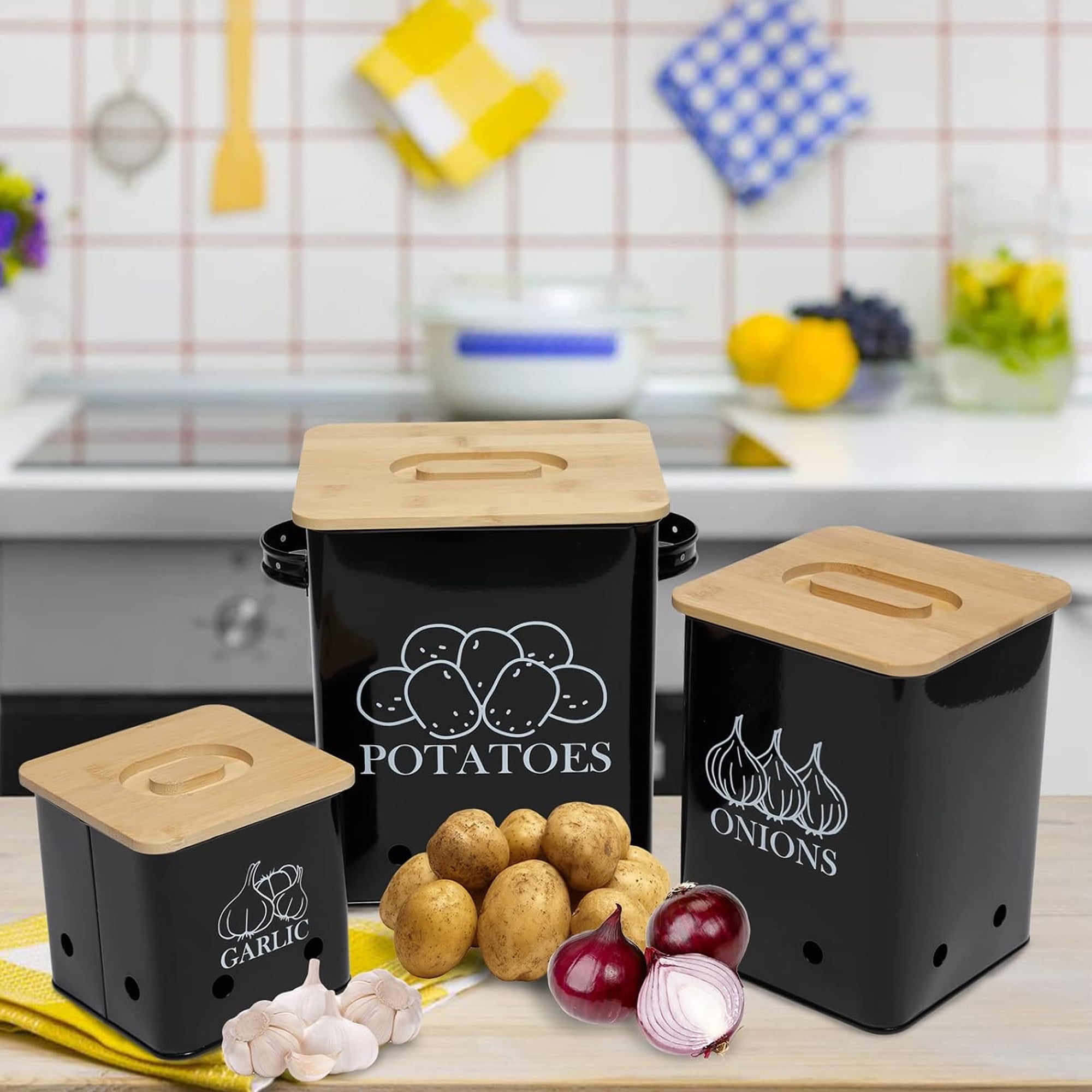 Pethiy Kitchen Canisters Set, Storage Bin for Potato Onion & Garlic, 3 Pack Set Countertop Pots Containers with Wooden Lid - Potato Storage, Garlic Bin, Onion Keeper Tin with Aerating Holes-Black