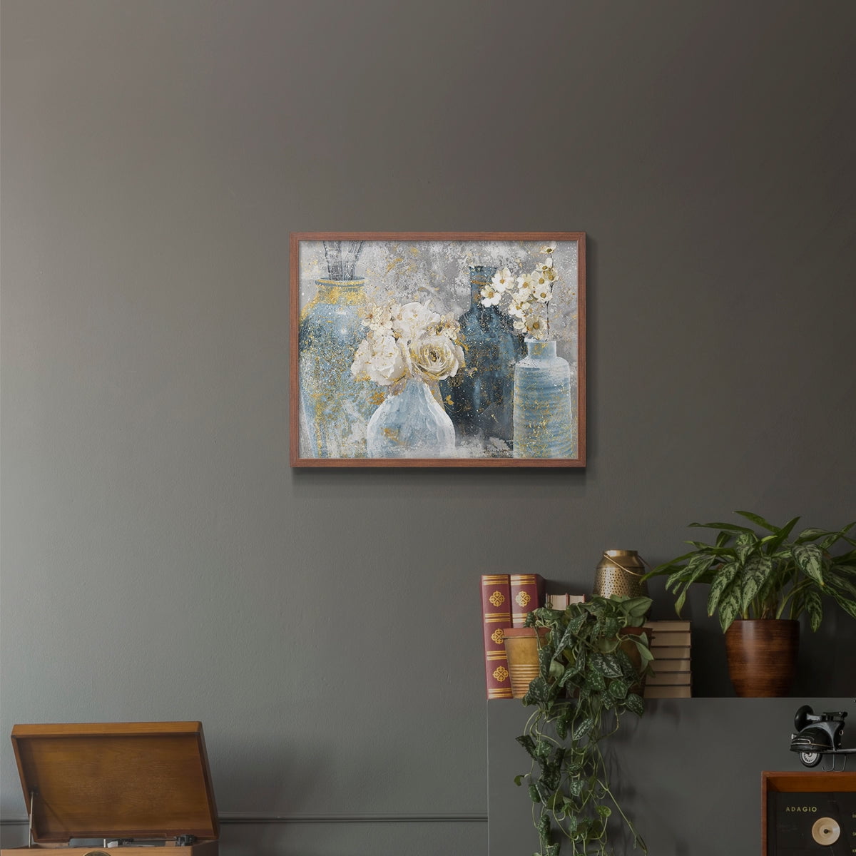 Vessels and Blooms Blues by Nan - Restickable Framed Giclée Print