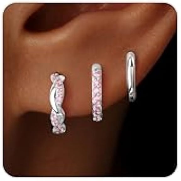 ZC Gold Huggie Hoop Earrings Set for Women, Dainty Small Sterling Silver Earring Stacks Hypoallergenic Jewelry for Multiple Piercings, Trendy Twisted Cute Cartilage Hoops Birthstone Gift 3 Pairs