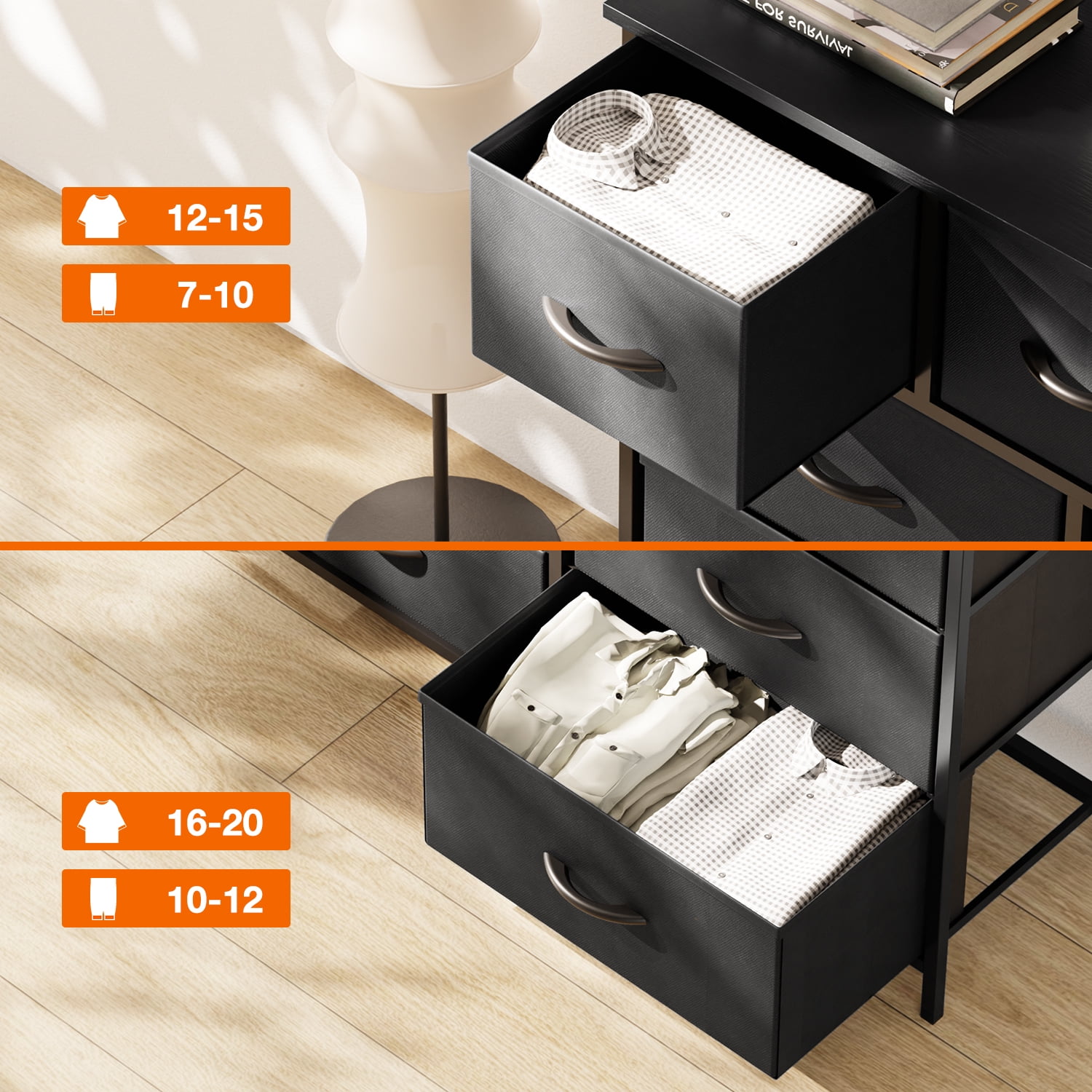 edx 9 Drawer Fabric Dresser for Bedroom, Chest of Drawer Organizer Storage Cabinet for Closet, Entryway, Black