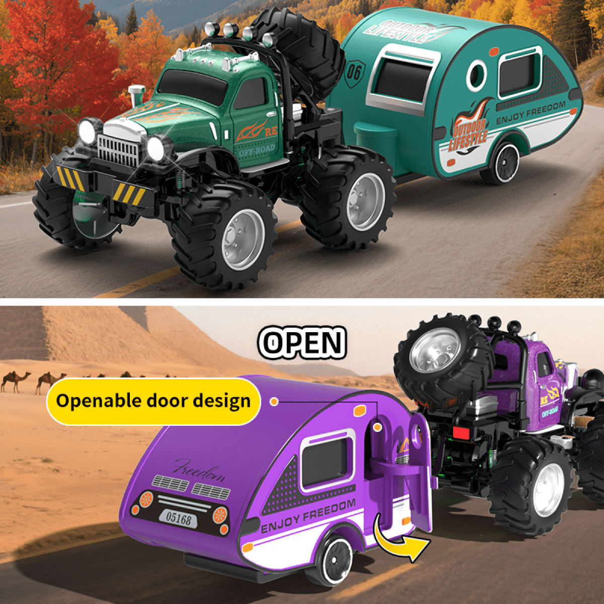 RC Truck with Trailer for Kids, 1/64 Scale Mini Remote Control Car with Lights, Alloy Shell RC Cars for Christmas Birthday Gifts(Green)