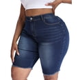 thumbnail image 3 of Gocolloa Women's Plus Size High Waisted Stretchy Jean Shorts 10" Inseam Raw Hem Denim Bermuda Shorts Dark Blue 14W, 3 of 5