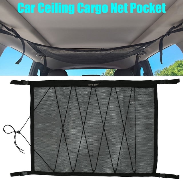 Car Ceiling Storage Net Cargo Bag Cargo Net with Drawstring Interior Pocket on Roof Trunk Cargo Net for SUV Car