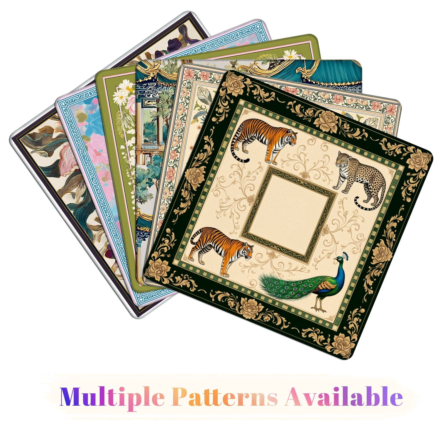 Mahjong Mat 31.5" x 31.5" Exotic Animal Tigers Leopard Peacock Ornate Floral Frame Non-Slip Noise Reduction American Mahjong Tiles Table Cover for Dominoes Poker Card Board Games Gift