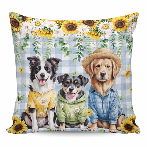Throw Pillow Covers 16x16 Inch, Spring Dog Decorative Pillow Cases for Couch Sofa Bed, Sunflower Daisy Botanical Blue Plaid Cotton Linen Square Home Decor Pillowcases with Hidden Zipper
