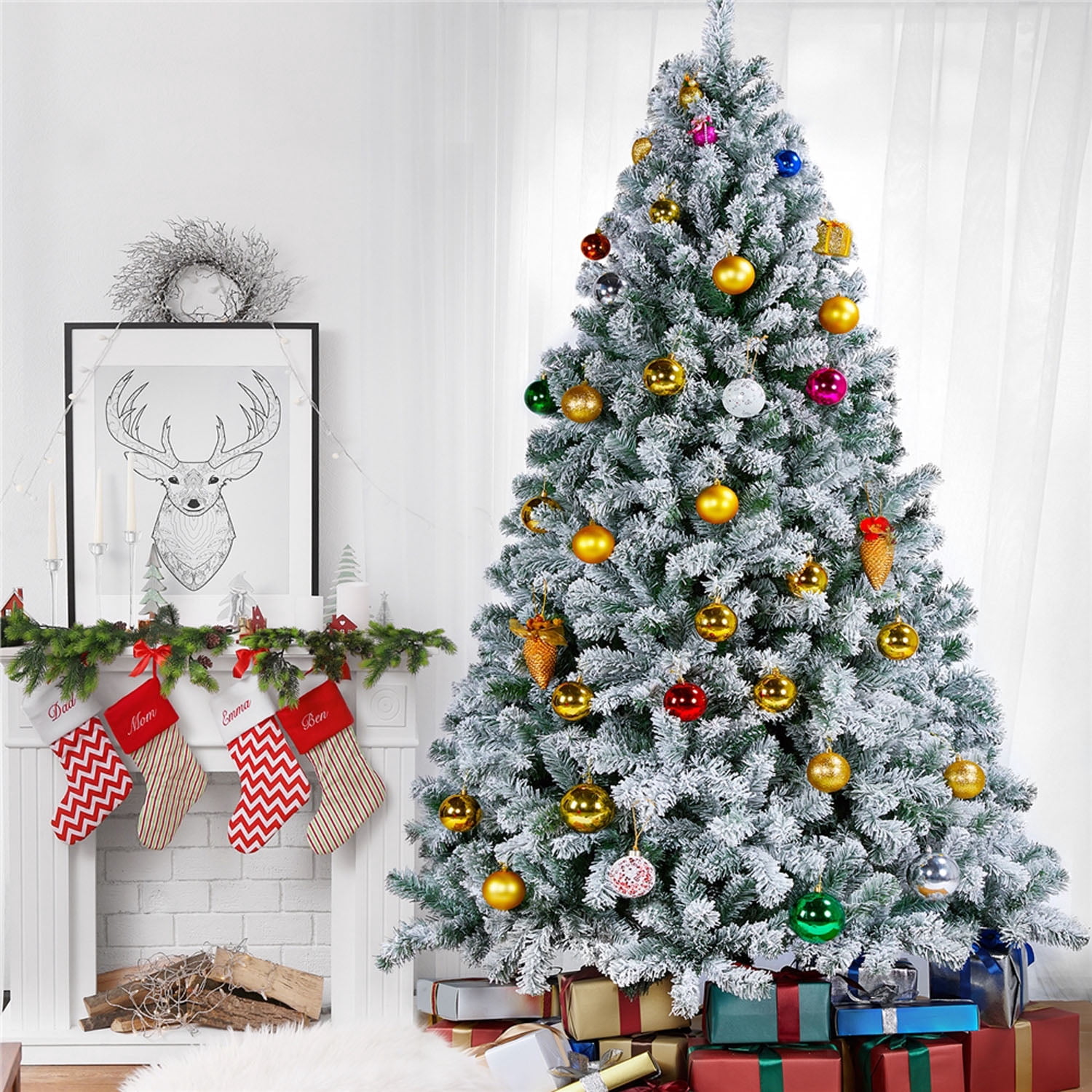 Alden Design 7.5FT Flocked Christmas Tree Snow-Dusted Artificial Holiday Tree, Green