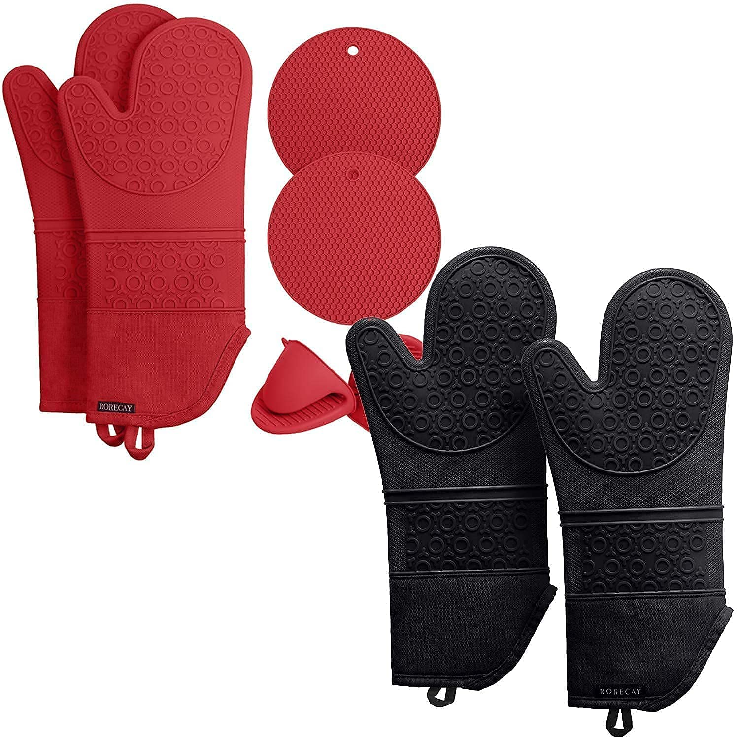 Red Oven Mitts and Pot Holders Sets and Black Oven Mitts Bundle