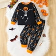 thumbnail image 2 of Boys Halloween Pajama Set Pumpkin Skeleton Print Top and Full Length Pants Two Piece Outfit Comfortable Kids Sleepwear, 2 of 7