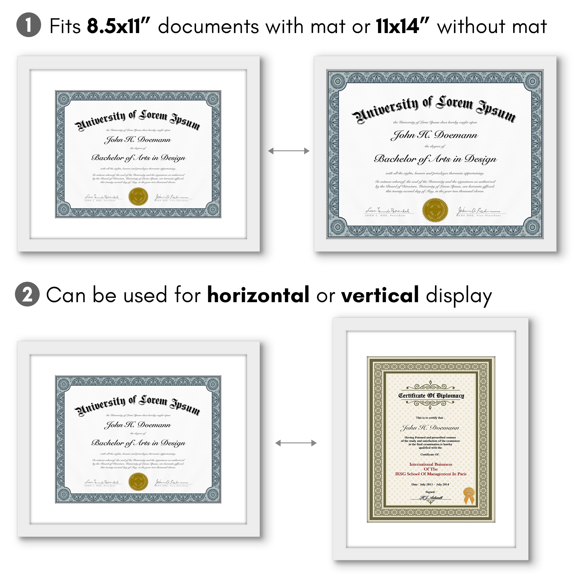Americanflat 11x14 Diploma Frame with Shatter-Resistant Glass with 8.5x11 Mat 2 Pack Display Documents - White