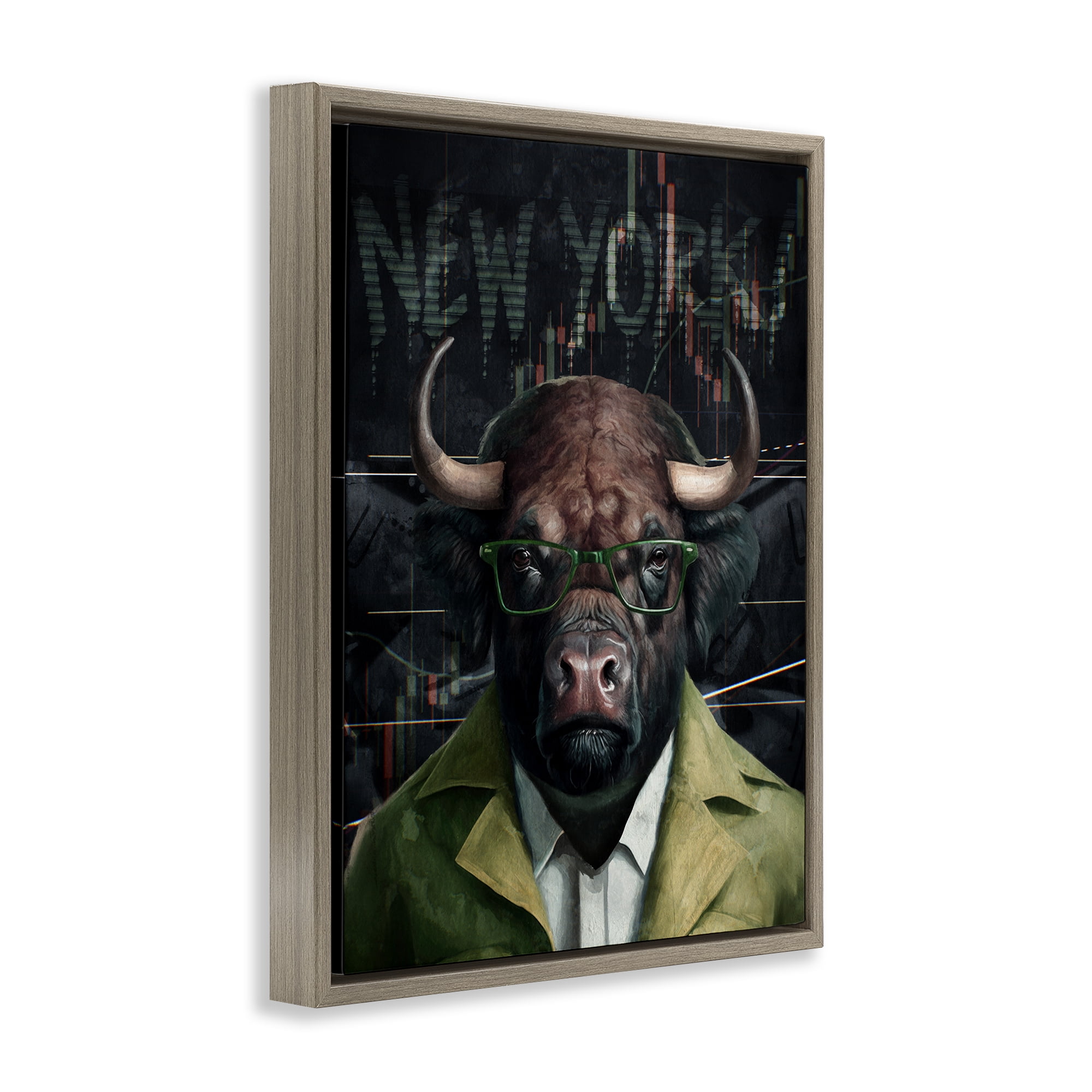 Stupell Industries Stylish Bull New York Animals Painting Brown Floater Framed Canvas Art Print Wall Art, 25 x 31
