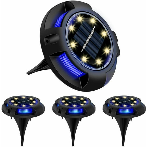 Solar Ground Lights, 8 LED Disk Lights Solar Powered Waterproof In-Ground Lights For Garden, Lawn, Pathway, Yard (Warm Blue) (4pcs)
