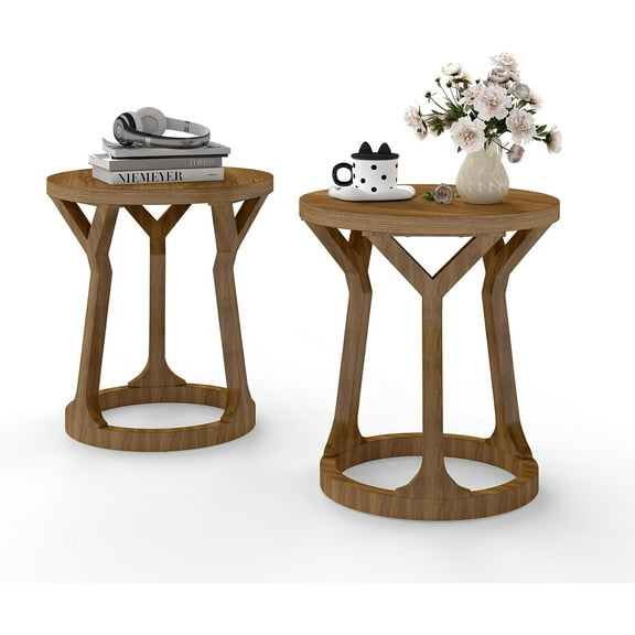 IDEO Round Side Table Set of 2, Modern Farmhouse End Table with Natural Top for Small Spaces, Living Room Decor (Brown, 2-Pack)