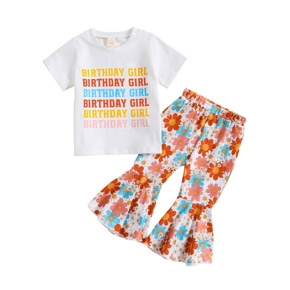 Bagilaanoe 2pcs Toddler Baby Girl Long Pants Set Letter Print Short Sleeve T-Shirts Tops Flower Flare Trousers 12M 18M 24M 3T 4T 5T Kids Casual Outfits