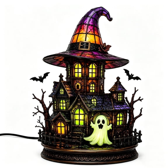 Diceymbol Halloween Table Lamp, Witch Hat Spooky House Night Light with Acrylic LED Warm Light Design for Indoor Home Decor 12In