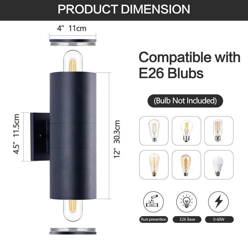 TICOZE 12 Inch Modern Outdoor Porch Light Pack of 2 Matte Black Outdoor Wall Sconce 2 Light Aluminum Cylinder with Tempered Glass Cover Waterproof Patio Light for House Garage