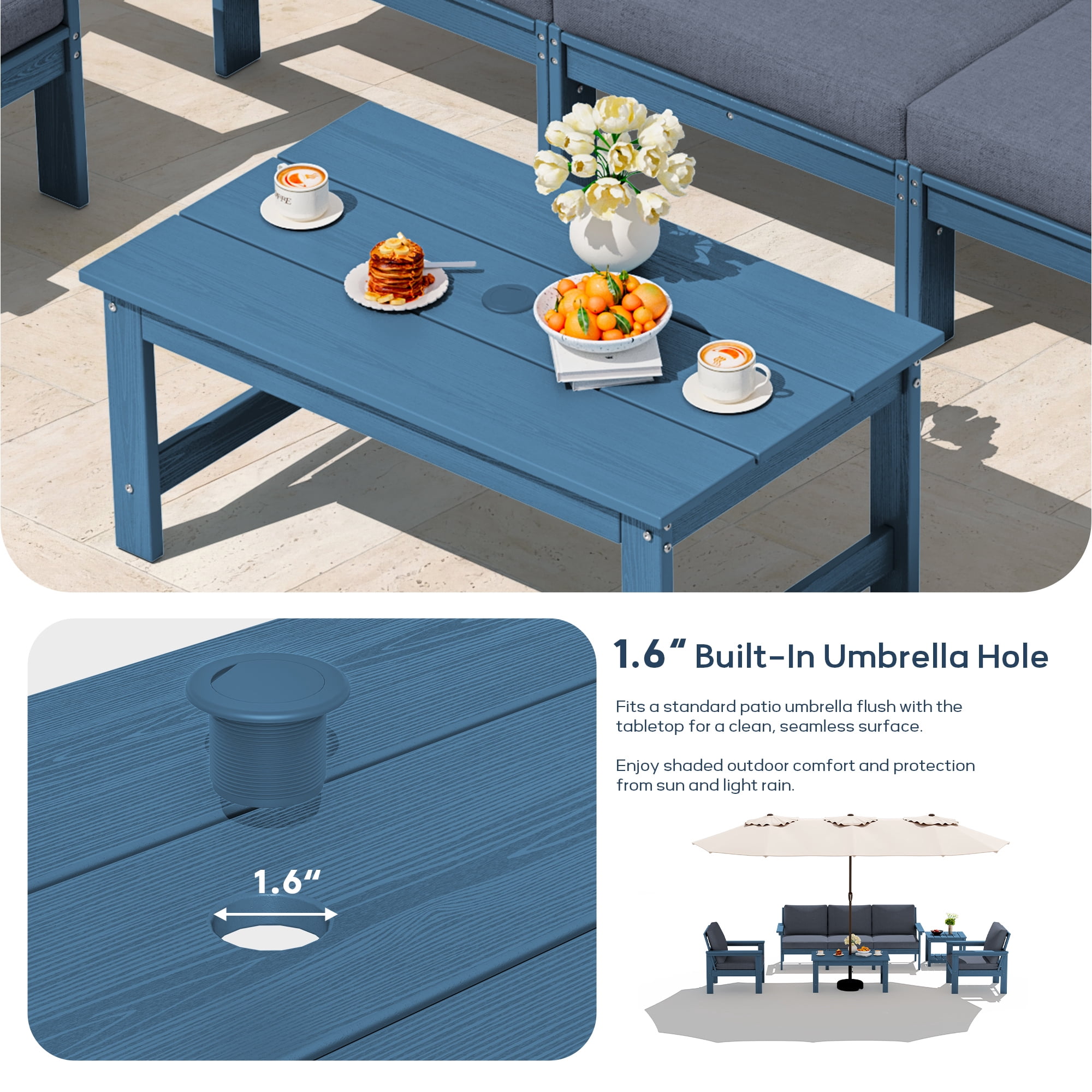 SERWALL Outdoor Patio Furniture Set, 7-Piece HDPE Outdoor Sofa Set Patio Conversation Set, Blue Frame with Grey Cushions