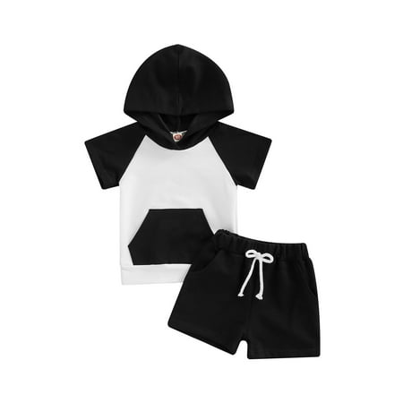 

LSFYSZD Newborn Boy Short Pants Outfits Contrast Color Patchwork Short Sleeve Hooded Tops + Elastic Waist Shorts Set