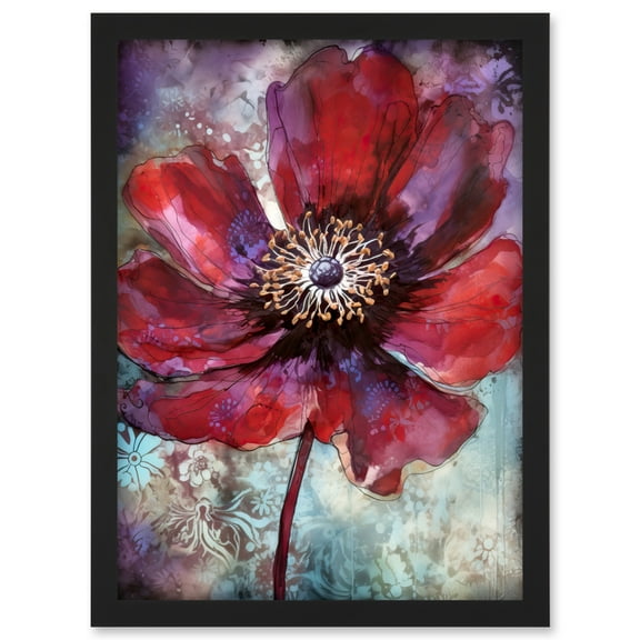 Red Anemone Flower Bloom Watercolour Illustration Artwork Framed Wall Art Print A4