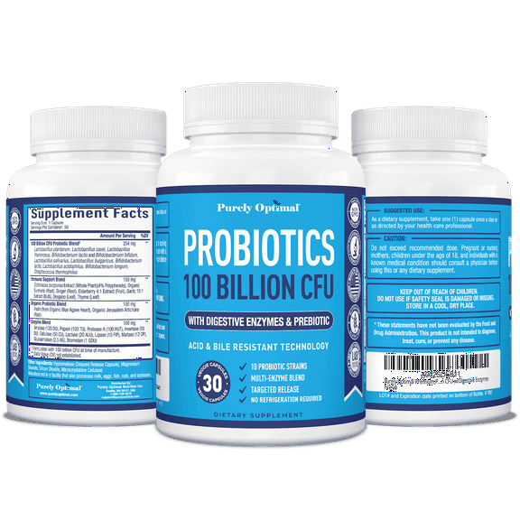 Purely Optimal Premium Probiotics 100 Billion CFU with Organic Prebiotics and Digestive Enzymes 30 Count