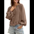 thumbnail image 2 of Sudadera Holgada Informal de Otoño para Mujer, con Cuello en V, Larga y Encaje, Estilo Farol, Estilo Corto Color Café S, 2 of 6