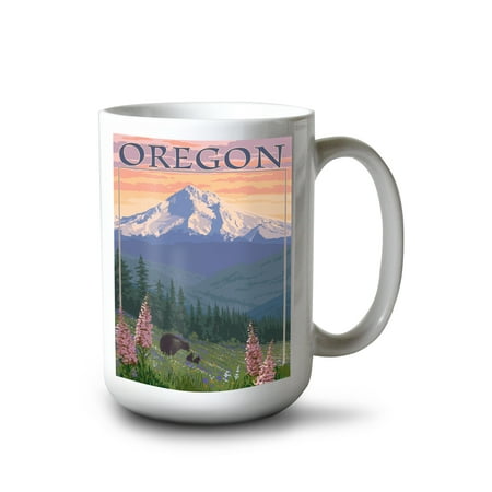 

15 fl oz Ceramic Mug Mount Hood Oregon Bear Family and Spring Flowers Dishwasher & Microwave Safe