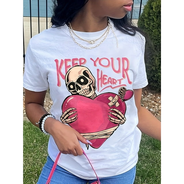 Halloween T-shirt Summer Short Sleeve Crew Neck T-Shirt, Skull and Heart Pattern, Casual Women's Clothing