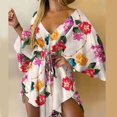thumbnail image 1 of 2022 Nouvelle Robe d'Été de Plage Élégante pour Femmes Aguichant à Col en V, à Lacets, à Imprimé Floral, Mini-Robe Décontractée à Manches Évasées, Robe de Soirée pour Dames, 1 of 7