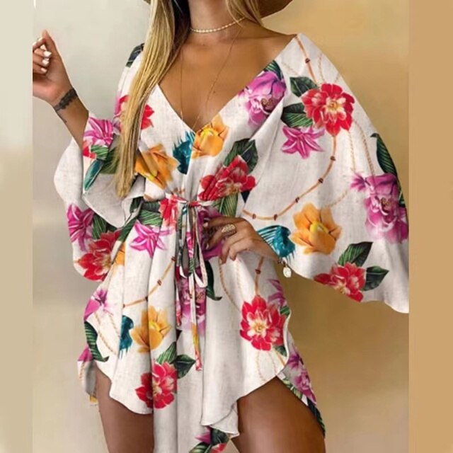 2022 Nouvelle Robe d'Été de Plage Élégante pour Femmes Aguichant à Col en V, à Lacets, à Imprimé Floral, Mini-Robe Décontractée à Manches Évasées, Robe de Soirée pour Dames